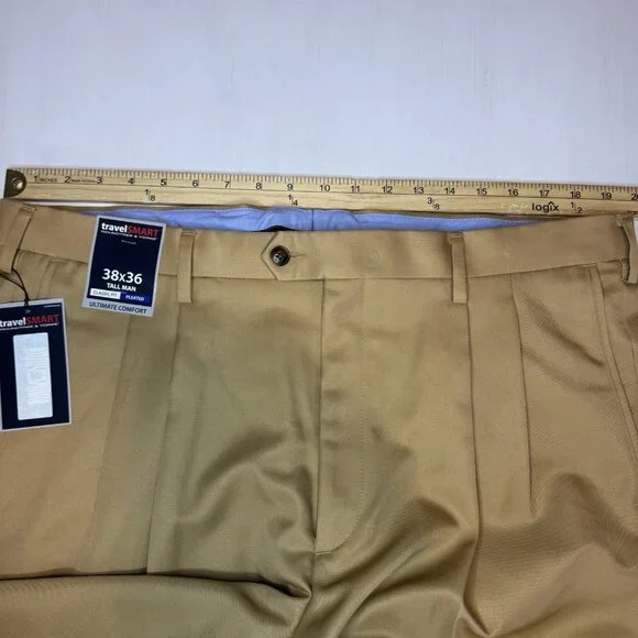 NWT Roundtree & Yorke Pants Travel Smart Mens Tall 38x36 Dress Tan Pleated - Picture 8 of 12
